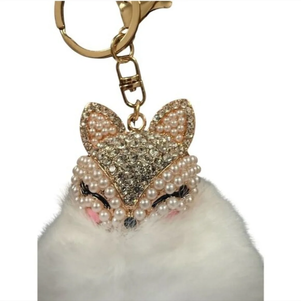 Crystal Fox Pom Pom Keychain - White Fur